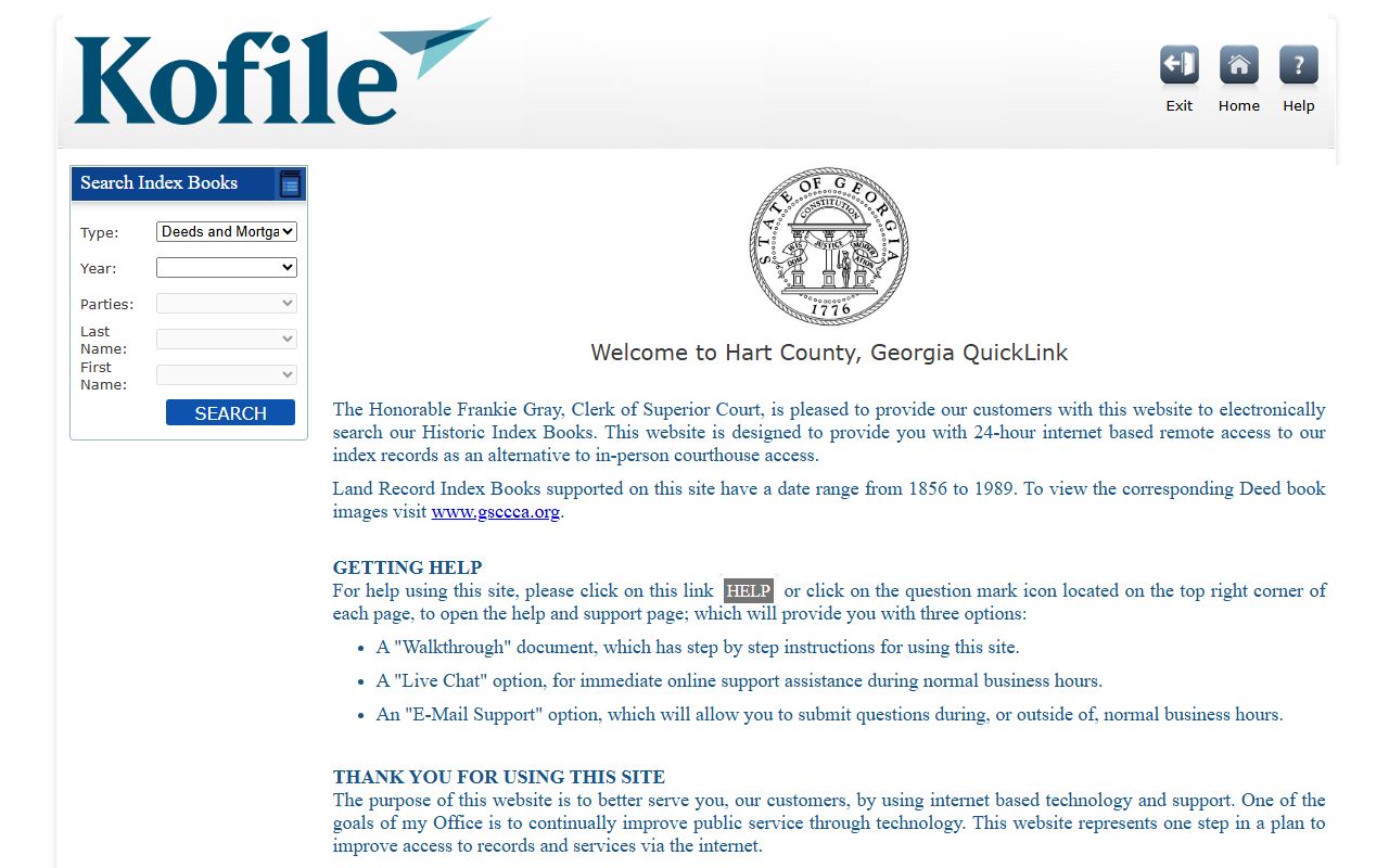Hart County Clerk of Superior Court Kofile historic index records